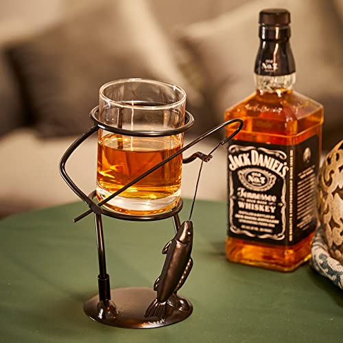 Fisherman Fishing Whiskey, Wine & Water Glass - Glass & Metal Cup Holder- Hook & Line Whiskey, Scotch, Liquor Cup Holder, Holds Cup, Great Gift for Fishing Enthusiasts, Boaters, Fathers, Sons