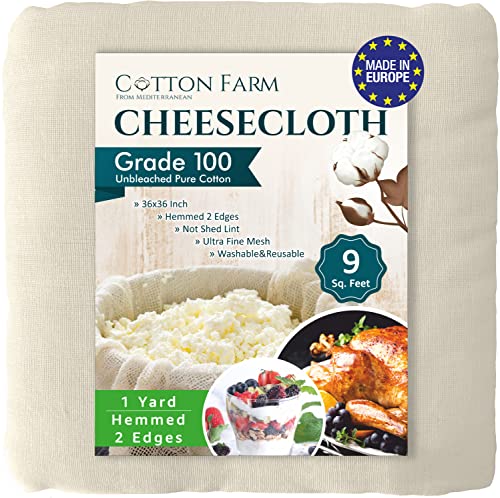 Cotton Farm Cheesecloth, Grade 100; 9* - 18-45 Square Feet (36x36 inch), 100% Natural Unbleached Cotton, Food Grade