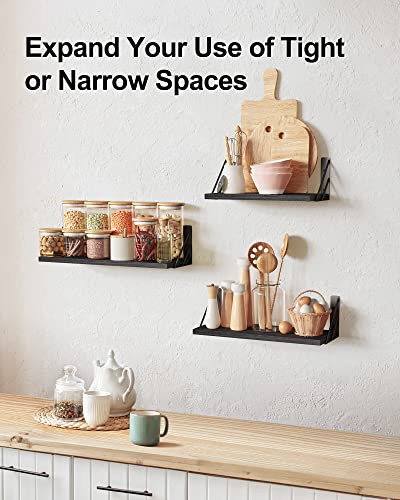 BAYKA Wall Shelves for Bedroom Decor, Floating Wall Shelves for Living Room Kitchen Storage, Wall Mounted Rustic Wood Floating Shelves for Kids Books, Small Shelf for Bathroom(Black，Set of 3)