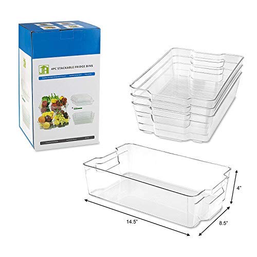Jinamart Plastic Pull out Storage Bins 4 Pack, Multi-Use Organizer Bins with Built-in Handles, BPA-Free for Pantry, Home and Fridge Organization (14.5"L x 8.5"W x 4"H )