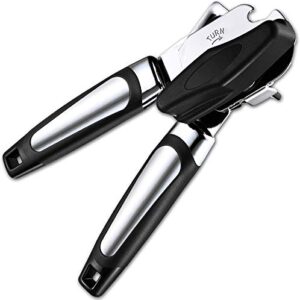 can opener manual, handheld strong heavy duty can opener, anti-slip hand grip, stainless steel sharp blade, ergonomic and easy to use, with large turn knob