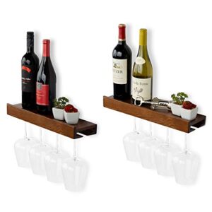 rustic state smith wall mounted wood floating wine bottle rack with glassware holder stemware shelf storage organizer – home, kitchen, dining room bar décor – walnut – set of 2
