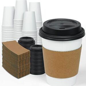 Ginkgo [100 Pack 12 oz Disposable Thickened Paper Coffee Cups with Lids and Sleeves, To Go Hot Coffee Cups for Home, Office, Wedding and Cafes
