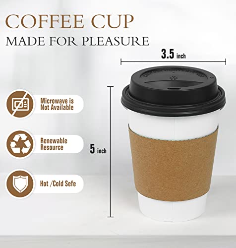 Ginkgo [100 Pack 12 oz Disposable Thickened Paper Coffee Cups with Lids and Sleeves, To Go Hot Coffee Cups for Home, Office, Wedding and Cafes