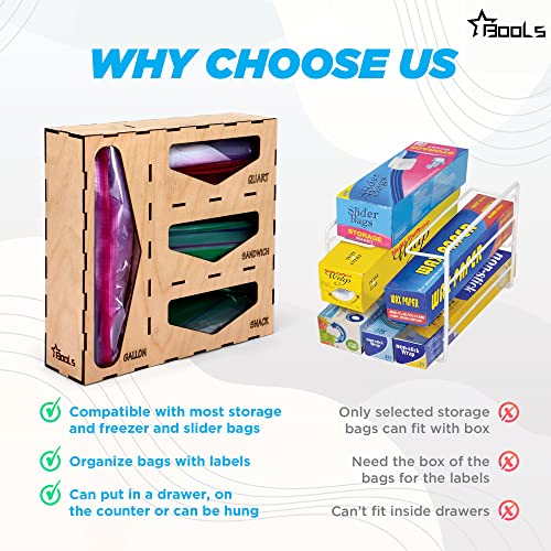 Ziplock bag storage organizer by Bools–Kitchen Drawer Organizer Compatible With Ziploc, Solimo, Glad, Hefty For Gallon, Quart, Sandwich & Snack Variety Size Bags