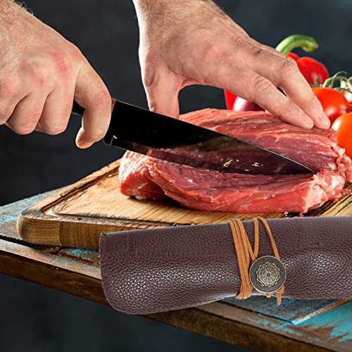BESTonZON Chefs Knife Roll Bag, Waxed Canvas Knife Cultery Carrier, Portable Chef Knife Cases, Knife Holders With 5 Slots, And Durable Pocket Knives Leather Bag Storage Organizer
