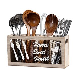 wooden silverware holder , 4 compartments kitchen utensil holder for countertop,rustic spoon holder kitchen tools storage caddy decoroon holder kitchen tools storage caddy decor,11.6”w x 3.2”d x 6”h