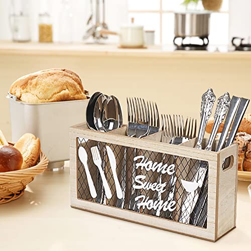 Wooden Silverware Holder , 4 Compartments Kitchen Utensil Holder for Countertop,Rustic Spoon Holder Kitchen Tools Storage Caddy Decoroon Holder Kitchen Tools Storage Caddy Decor,11.6”W x 3.2”D x 6”H