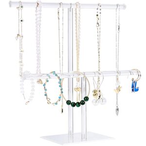 jewelry stand necklace holder, acrylic jewelry display holder, necklace and bracelet hanging organizer, clear 2-tier tower stand for bangles, necklaces, bracelets, rings, earrings and watch
