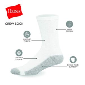 Hanes Mens Double Tough Socks, 12-pair Pack Crew Socks, White/Grey Foot Bottom, 6-12