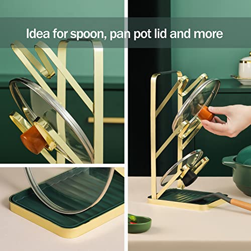 Stand Pot Lid Rack Organizer Pan Holder Spatula Cover Storage Spoon Utensil Rest for Cabinet Kitchen Countertop Cutting Boards Golden Green