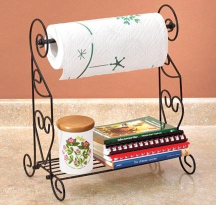 COUNTER TOP SCROLL METAL DESIGN PAPER TOWEL HOLDER WITH SHELF - BLACK