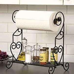 COUNTER TOP SCROLL METAL DESIGN PAPER TOWEL HOLDER WITH SHELF - BLACK