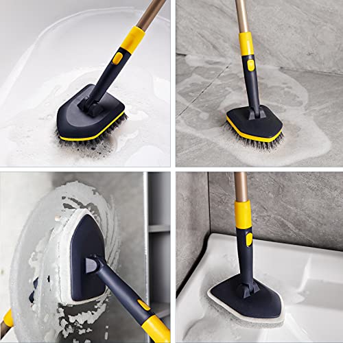 Yocada Tub Tile Scrubber Brush 2 in 1 Cleaning Brush 58.2" Adjustable Telescopic Pole Stiff Bristles Scouring Pads for Cleaning Bathroom Kitchen Toilet Wall Tub Tile Sink Non-Scratch