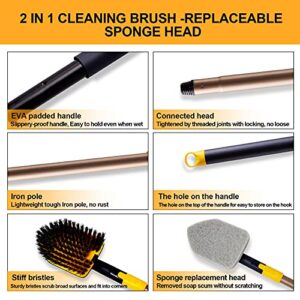 Yocada Tub Tile Scrubber Brush 2 in 1 Cleaning Brush 58.2" Adjustable Telescopic Pole Stiff Bristles Scouring Pads for Cleaning Bathroom Kitchen Toilet Wall Tub Tile Sink Non-Scratch