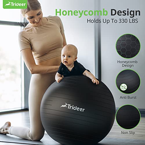 Trideer Extra Thick Yoga Ball Exercise Ball, 5 Sizes Ball Chair, Heavy Duty Swiss Ball for Balance, Stability, Pregnancy, Physical Therapy, Quick Pump Included (Black, L (58-65cm))