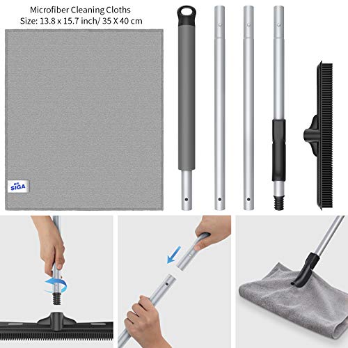 MR.SIGA Pet Hair Removal Rubber Broom with Built in Squeegee, 2 in 1 Floor Brush for Carpet, 62 inch Adjustable Handle, Includes One Microfiber Cloth for Floor Dusting