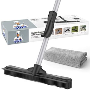 mr.siga pet hair removal rubber broom with built in squeegee, 2 in 1 floor brush for carpet, 62 inch adjustable handle, includes one microfiber cloth for floor dusting