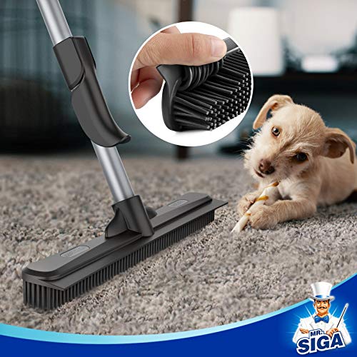 MR.SIGA Pet Hair Removal Rubber Broom with Built in Squeegee, 2 in 1 Floor Brush for Carpet, 62 inch Adjustable Handle, Includes One Microfiber Cloth for Floor Dusting