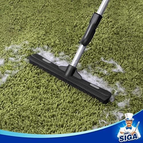 MR.SIGA Pet Hair Removal Rubber Broom with Built in Squeegee, 2 in 1 Floor Brush for Carpet, 62 inch Adjustable Handle, Includes One Microfiber Cloth for Floor Dusting