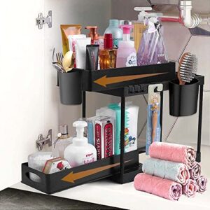 meltset under sink organizers and storage 2 tier under cabinet organizer for kitchen bathroom under sink shelf with hooks, hanging cups, multi-purpose sliding cabinet basket organizer drawer, black