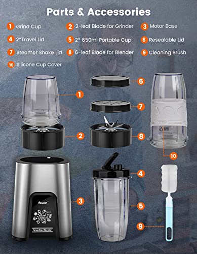 VEWIOR Smoothie Bullet Blender for Shakes and Smoothies 850W, 12 Pieces Personal Blenders for Kitchen with 6 Fins Blender Blade, Smoothie Blender with 2*23 oz To-Go Cups