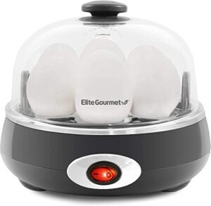 elite gourmet egc007chc# rapid egg cooker, 7 easy-to-peel, hard, medium, soft boiled eggs, poacher, omelet maker, auto shut-off, alarm, 16-recipe booklet, charcoal grey