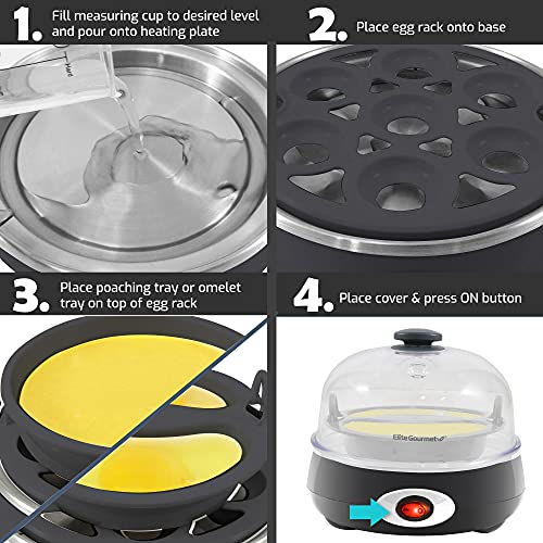 Elite Gourmet EGC007CHC# Rapid Egg Cooker, 7 Easy-To-Peel, Hard, Medium, Soft Boiled Eggs, Poacher, Omelet Maker, Auto Shut-Off, Alarm, 16-Recipe Booklet, Charcoal Grey