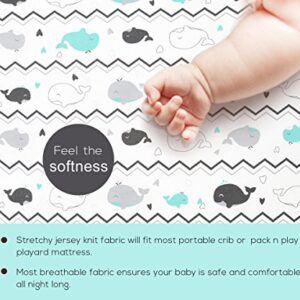 Pack n Play Stretchy Fitted Pack n Play Playard Sheet Set BROLEX 2 Pack Portable Mini Crib Sheets,Convertible Playard Mattress Cover,Ultra Soft Material，Elephant & Whale