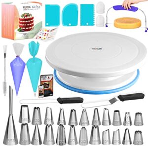 65pcs cake decorating kit baking supplies tools with non-slip cake turntable-cake leveler- 24 numbered icing piping tips, pattern chart & ebook- straight & angled spatula-30 piping bags- 3 scraper set