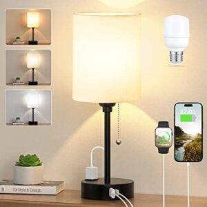 small bedroom lamps 3 color temperatures – 2700k 3500k 5000k bedside lamps with usb c and a ports, pull chain table lamps with ac outlet, white nightstand lamps with black metal base for kids reading