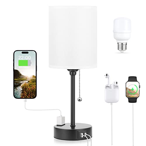 Small Bedroom Lamps 3 Color Temperatures - 2700K 3500K 5000K Bedside Lamps with USB C and A Ports, Pull Chain Table Lamps with AC Outlet, White Nightstand Lamps with Black Metal Base for Kids Reading