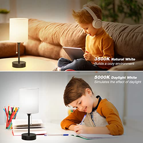 Small Bedroom Lamps 3 Color Temperatures - 2700K 3500K 5000K Bedside Lamps with USB C and A Ports, Pull Chain Table Lamps with AC Outlet, White Nightstand Lamps with Black Metal Base for Kids Reading