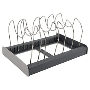 pots and pans, multifunction expandable pot rack with 7 dividers flexible stable kitchen organization and storage for dish, pot lid, cutting board, bakeware