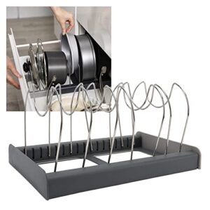 Pots and Pans, Multifunction Expandable Pot Rack with 7 Dividers Flexible Stable Kitchen Organization and Storage for Dish, Pot Lid, Cutting Board, Bakeware