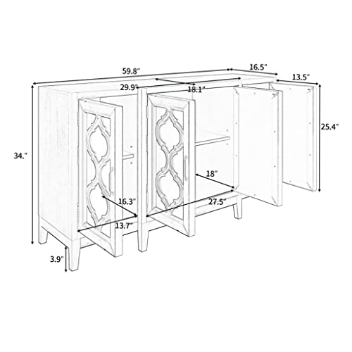 SEASD 59.8'' Mirrored Console, Sideboard for Living and Dining Room with 4 Cabinets and 3 Adjustable Shelves.