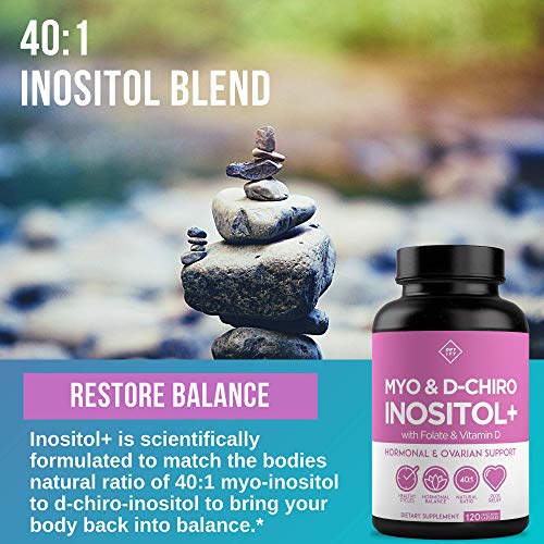 Premium Inositol Supplement - Myo-Inositol and D-Chiro Inositol Plus Folate and Vitamin D - Ideal 40:1 Ratio - Hormone Balance & Healthy Ovarian Support for Women - Vitamin B8 - 30 Day Supply