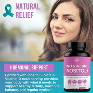 Premium Inositol Supplement - Myo-Inositol and D-Chiro Inositol Plus Folate and Vitamin D - Ideal 40:1 Ratio - Hormone Balance & Healthy Ovarian Support for Women - Vitamin B8 - 30 Day Supply