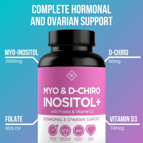 Premium Inositol Supplement - Myo-Inositol and D-Chiro Inositol Plus Folate and Vitamin D - Ideal 40:1 Ratio - Hormone Balance & Healthy Ovarian Support for Women - Vitamin B8 - 30 Day Supply