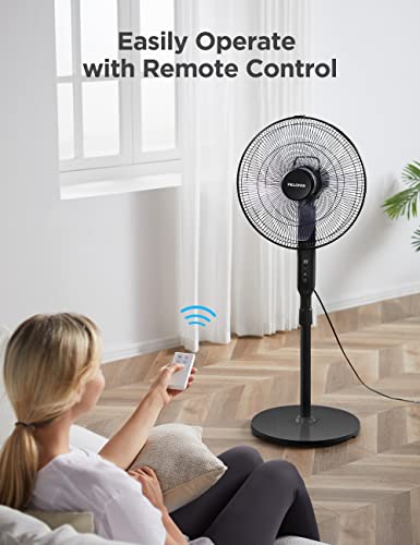 PELONIS 16" Oscillating Pedestal Stand Up Fan | Adjustable Height | Ultra Quiet DC Motor | Remote Control | 12 Speed | 12-Hour Timer | High Energy Efficiency | for Bedroom Home Office Use | Black