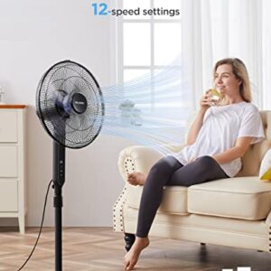 PELONIS 16" Oscillating Pedestal Stand Up Fan | Adjustable Height | Ultra Quiet DC Motor | Remote Control | 12 Speed | 12-Hour Timer | High Energy Efficiency | for Bedroom Home Office Use | Black