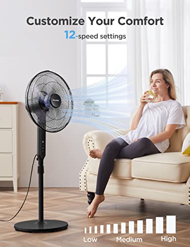 PELONIS 16" Oscillating Pedestal Stand Up Fan | Adjustable Height | Ultra Quiet DC Motor | Remote Control | 12 Speed | 12-Hour Timer | High Energy Efficiency | for Bedroom Home Office Use | Black