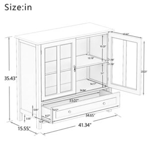 SEASD Storage Cabinet Buffet with 2 Clear Doors and Drawers for Kitchen, Hallway, Living Room, White Dining Room Cabinets.