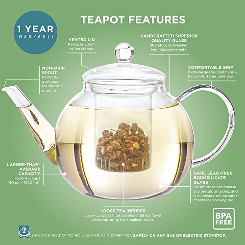 Teabloom Stovetop & Microwave Safe Glass Teapot (40 OZ) with Removable Loose Tea Glass Infuser – Includes 2 Blooming Teas – 2-in-1 Tea Kettle and Tea Maker