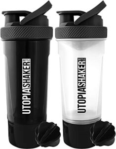utopia home 2-pack shaker bottle – 24 ounce protein shaker bottle for pre & post workout drinks – classic protein mixer shaker bottle with twist and lock protein box storage(all black & clear/black)