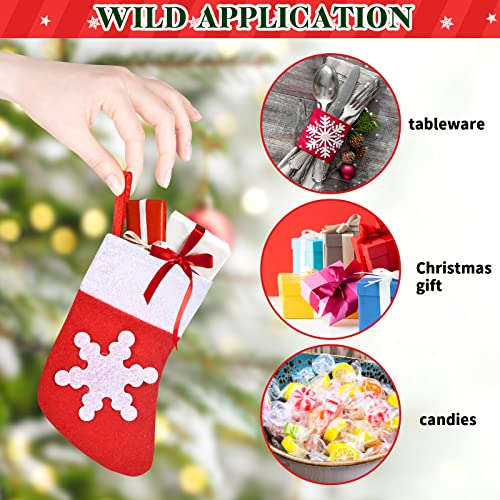 FUSHENMU 24 Pack Mini Christmas Stockings Felt Snowflake Xmas Stocking Red Sock Tableware Knife Spoon Fork Bag Candy Pouch Bag for Xmas Party Tree Dinner Table Home Ornaments