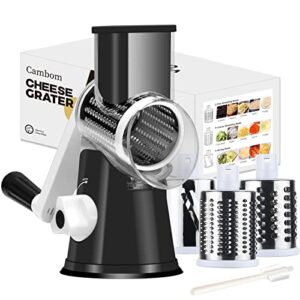 rotary cheese grater cheese shredder – cambom kitchen manual cheese grater with handle vegetable slicer nuts grinder 3 replaceable drum blades and strong suction base free cleaning brush