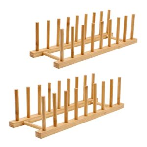 moamun 2 pack bamboo dish drying rack plate rack stand pot lid holder cabinet dish organizer rack drainer storage holder for dish bowl, cup, cutting board and more