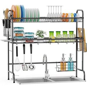 packism over the sink dish drying rack, 2 tier stainless steel over sink rack, kitchen over the sink shelf with durable dish drainer, large dish rack over sink for kitchen counter, black