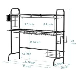 PACKISM Over The Sink Dish Drying Rack, 2 Tier Stainless Steel Over Sink Rack, Kitchen Over The Sink Shelf with Durable Dish Drainer, Large Dish Rack Over Sink for Kitchen Counter, Black